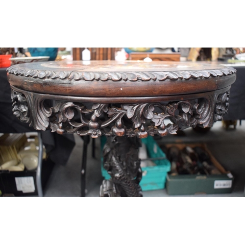 1445 - A 19TH CENTURY CHINESE HONGMU DRAGON INSET MARBLE TABLE Qing. 80 cm x 55 cm.