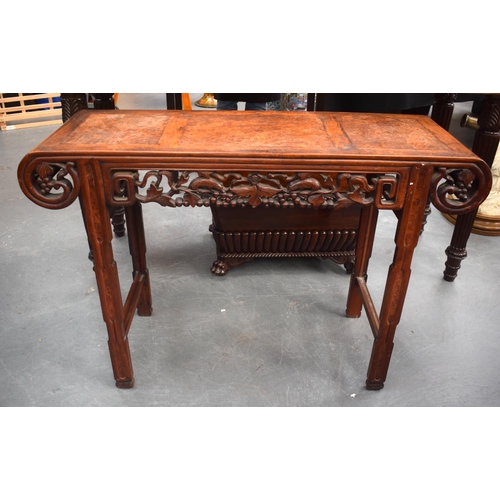 1446 - A 19TH CENTURY CHINESE HONGMU AND BURR WOOD ALTAR TABLE Qing, decorated with vines. 111 cm x 82 cm.