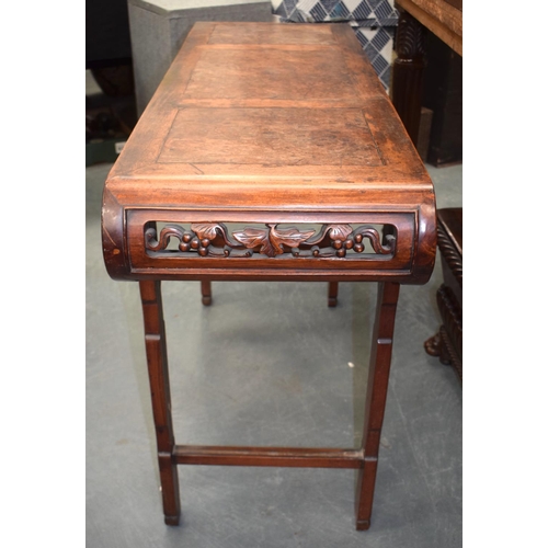 1446 - A 19TH CENTURY CHINESE HONGMU AND BURR WOOD ALTAR TABLE Qing, decorated with vines. 111 cm x 82 cm.