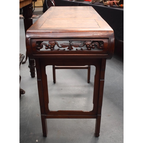 1446 - A 19TH CENTURY CHINESE HONGMU AND BURR WOOD ALTAR TABLE Qing, decorated with vines. 111 cm x 82 cm.