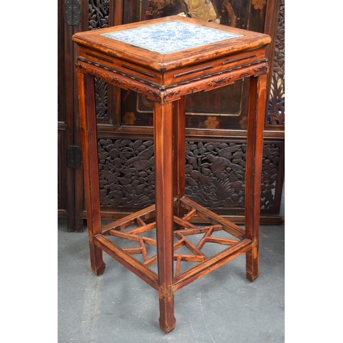 1456 - AN EARLY 20TH CENTURY CHINESE PORCELAIN INSET SOFTWOOD TABLE Late Qing. 76 cm x 38 cm.