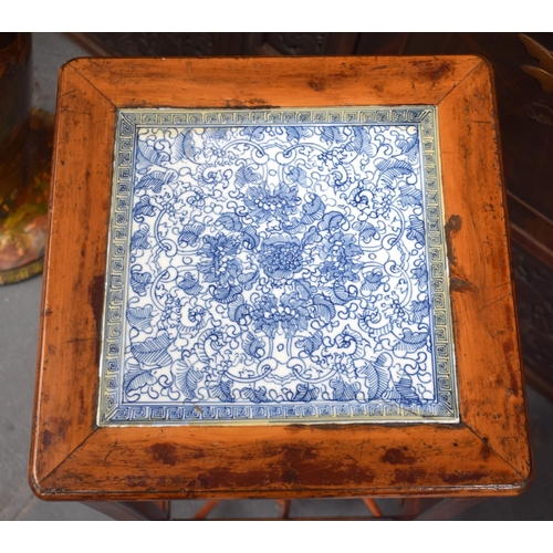 1456 - AN EARLY 20TH CENTURY CHINESE PORCELAIN INSET SOFTWOOD TABLE Late Qing. 76 cm x 38 cm.