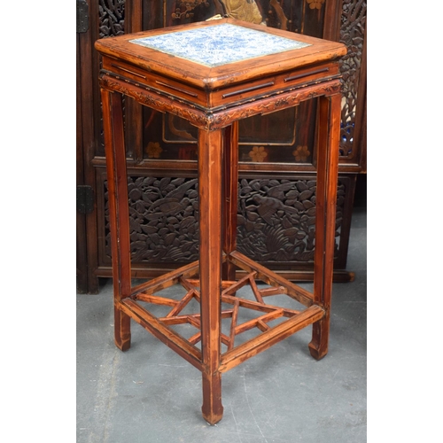 1456 - AN EARLY 20TH CENTURY CHINESE PORCELAIN INSET SOFTWOOD TABLE Late Qing. 76 cm x 38 cm.