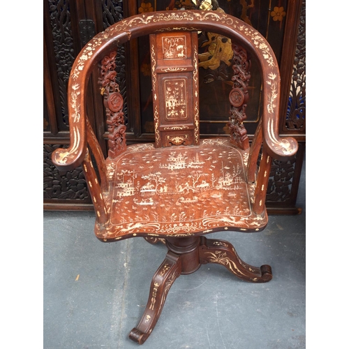 1457 - A 19TH CENTURY CHINESE HARDWOOD IVORY INLAID DESK CHAIR Qing, depicting landscapes. 82 cm x 60 cm.