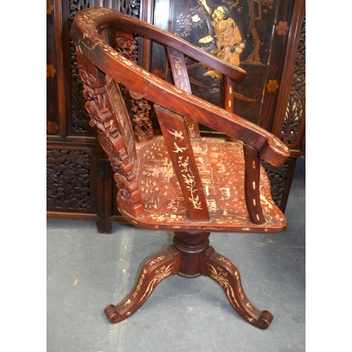 1457 - A 19TH CENTURY CHINESE HARDWOOD IVORY INLAID DESK CHAIR Qing, depicting landscapes. 82 cm x 60 cm.