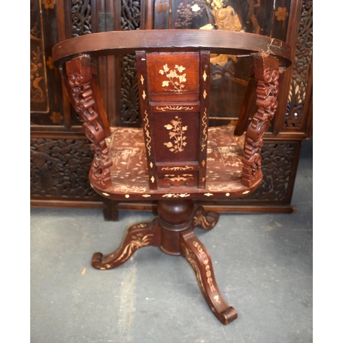 1457 - A 19TH CENTURY CHINESE HARDWOOD IVORY INLAID DESK CHAIR Qing, depicting landscapes. 82 cm x 60 cm.