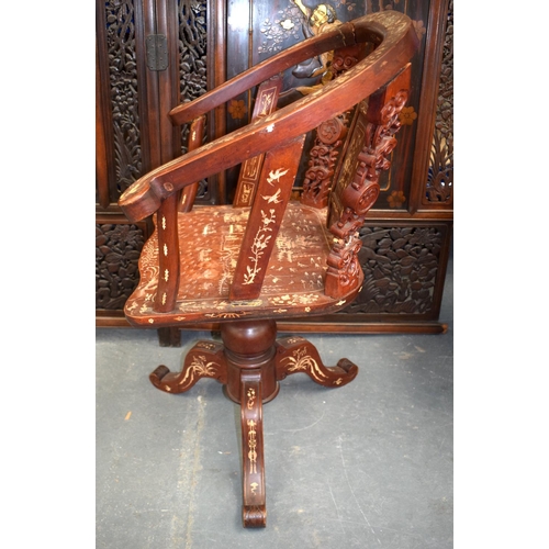 1457 - A 19TH CENTURY CHINESE HARDWOOD IVORY INLAID DESK CHAIR Qing, depicting landscapes. 82 cm x 60 cm.