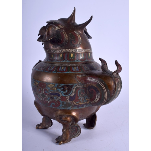 1471 - A 19TH CENTURY JAPANESE MEIJI PERIOD CHAMPLEVÉ ENAMEL BRONZE CENSER modelled as a Buddhistic lion. 3... 