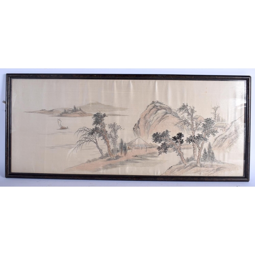 1477 - AN EARLY 20TH CENTURY JAPANESE MEIJI PERIOD SILK LANDSCAPE. Image 80 cm x 32 cm.