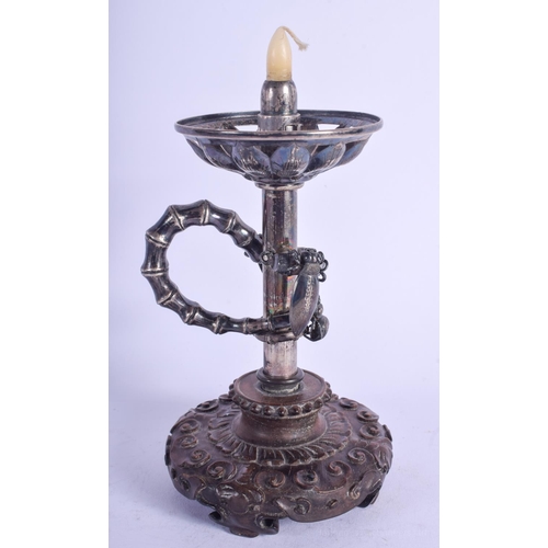 1478 - A RARE 19TH CENTURY CHINESE EXPORT SILVER CANDLESTICK with entwined bamboo handle. 17 cm high.