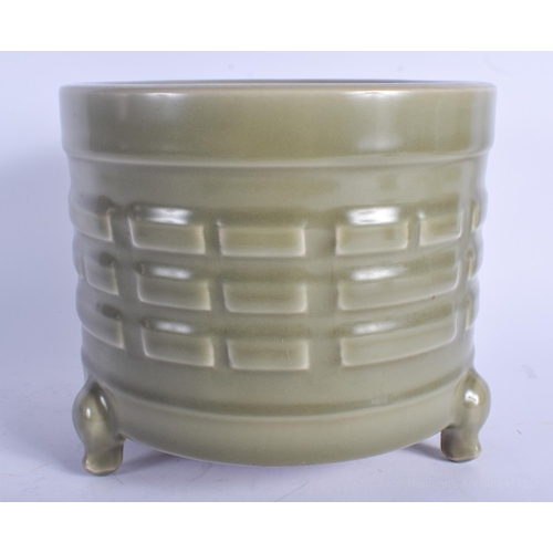 1487 - A LARGE CHINESE CELADON TRIGRAMS CENSER 20th Century, decorated with triple bandings. 18 cm x 18 cm.