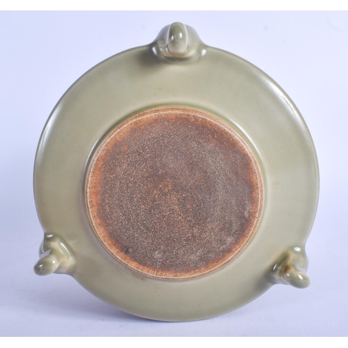 1487 - A LARGE CHINESE CELADON TRIGRAMS CENSER 20th Century, decorated with triple bandings. 18 cm x 18 cm.