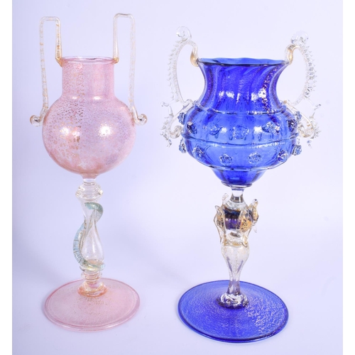 15 - TWO VENETIAN TWIN HANDLED GLASS VASES with gold splash decoration. 21 cm high. (2)