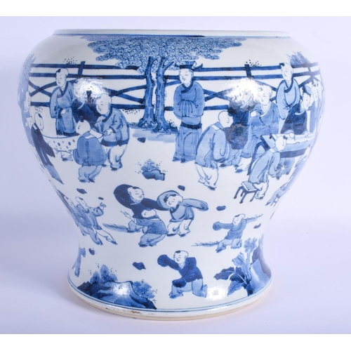 1502 - A LARGE 19TH CENTURY CHINESE BLUE AND WHITE PORCELAIN BULBOUS JAR Kangxi style, painted with boys pl... 