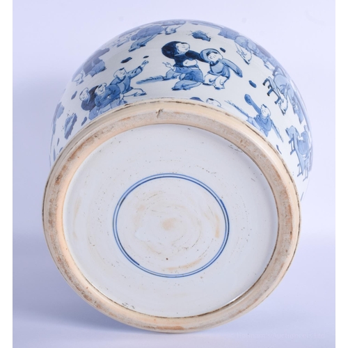 1502 - A LARGE 19TH CENTURY CHINESE BLUE AND WHITE PORCELAIN BULBOUS JAR Kangxi style, painted with boys pl... 