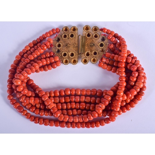 1506 - A LARGE 18CT GOLD RED CORAL NECKLACE. 310 grams. 40 cm wide.