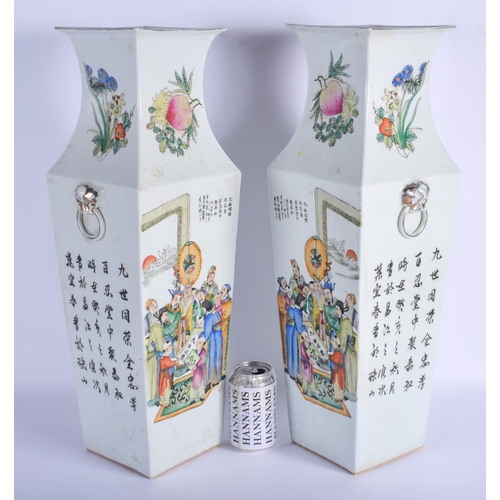 1514 - A LARGE PAIR OF CHINESE FAMILLE ROSE PORCELAIN SQUARE FORM VASES 20th Century, painted with calligra... 