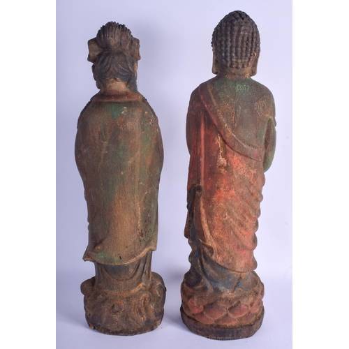 1521 - A LARGE PAIR OF CHINESE POLYCHROMED WOOD FIGURES OF IMMORTALS 20th Century. Largest 54 cm high.