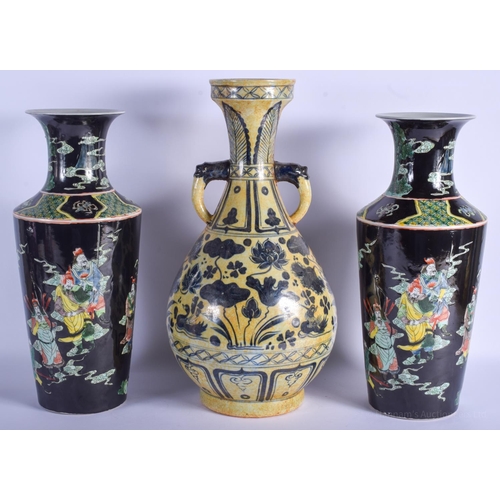 1522 - A LARGE PAIR OF CHINESE FAMILLE NOIRE VASES 20th Century, together with a large blue and white vase.... 