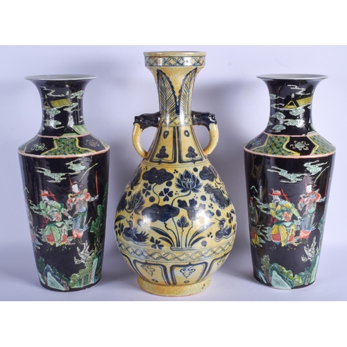 1522 - A LARGE PAIR OF CHINESE FAMILLE NOIRE VASES 20th Century, together with a large blue and white vase.... 