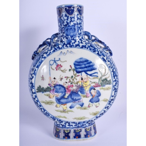 1524 - A CHINESE TWIN HANDLED PORCELAIN PILGRIM MOON FLASK 20th Century, enamelled with figures within land... 