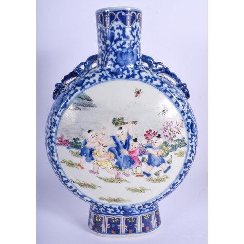 1524 - A CHINESE TWIN HANDLED PORCELAIN PILGRIM MOON FLASK 20th Century, enamelled with figures within land... 