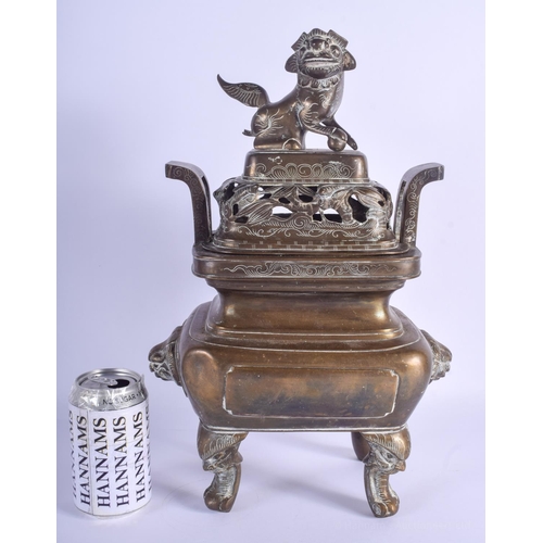 1527 - A 19TH CENTURY CHINESE TWIN HANDLED BRONZE CENSER AND COVER with Buddhistic lion terminal. 40 cm x 2... 