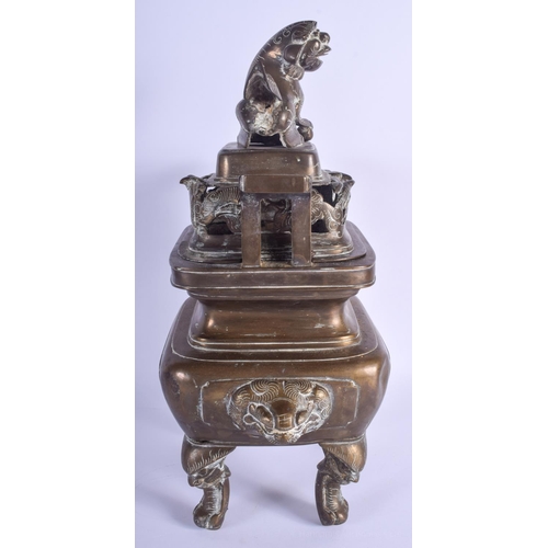 1527 - A 19TH CENTURY CHINESE TWIN HANDLED BRONZE CENSER AND COVER with Buddhistic lion terminal. 40 cm x 2... 