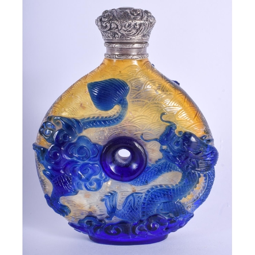 1535 - A 19TH CENTURY CHINESE SILVER MOUNTED PEKING GLASS SCENT BOTTLE with unusual pierced cover, decorate... 