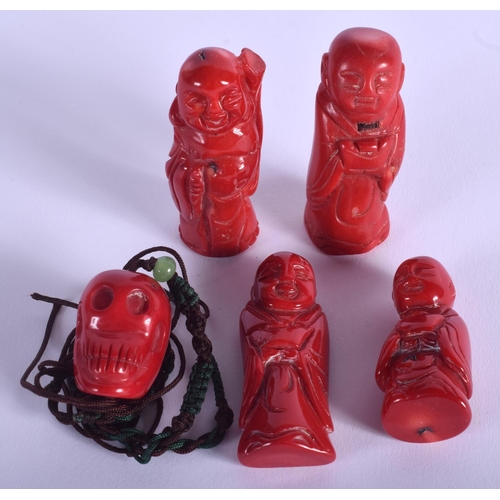 1547 - FOUR EARLY 20TH CENTURY CHINESE CORAL FIGURES and a skull necklace. (5)