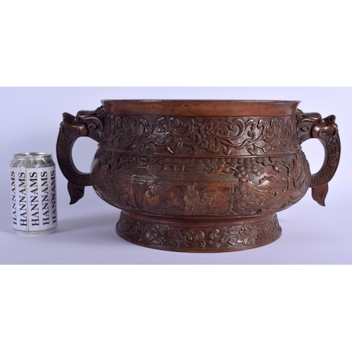 1551 - A LARGE CHINESE TWIN HANDLED BRONZE CENSER 20th Century, decorated with landscapes. 40 cm x 21 cm, i... 