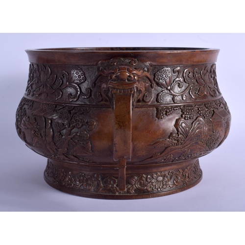 1551 - A LARGE CHINESE TWIN HANDLED BRONZE CENSER 20th Century, decorated with landscapes. 40 cm x 21 cm, i... 