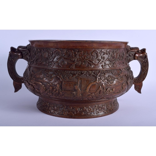 1551 - A LARGE CHINESE TWIN HANDLED BRONZE CENSER 20th Century, decorated with landscapes. 40 cm x 21 cm, i... 