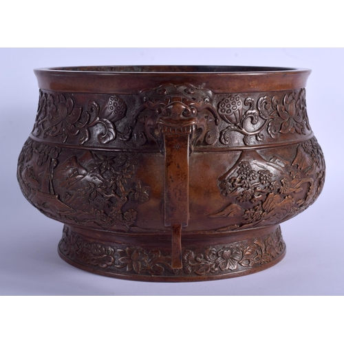 1551 - A LARGE CHINESE TWIN HANDLED BRONZE CENSER 20th Century, decorated with landscapes. 40 cm x 21 cm, i... 