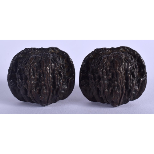 1552 - A PAIR OF CHINESE BRONZE WALNUTS 20th Century. 3 cm x 3 cm.