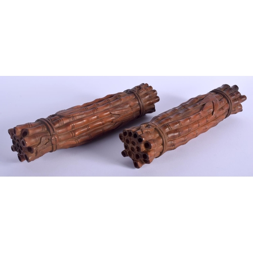 1555 - A PAIR OF CHINESE CARVED BOXWOOD BAMBOO FORM SCROLL WEIGHTS 20th Century. 24 cm x 5 cm.