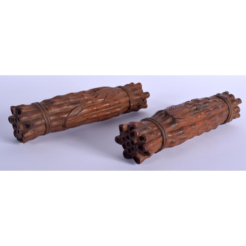 1555 - A PAIR OF CHINESE CARVED BOXWOOD BAMBOO FORM SCROLL WEIGHTS 20th Century. 24 cm x 5 cm.