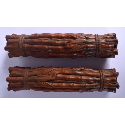 1555 - A PAIR OF CHINESE CARVED BOXWOOD BAMBOO FORM SCROLL WEIGHTS 20th Century. 24 cm x 5 cm.