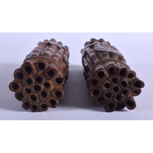 1555 - A PAIR OF CHINESE CARVED BOXWOOD BAMBOO FORM SCROLL WEIGHTS 20th Century. 24 cm x 5 cm.