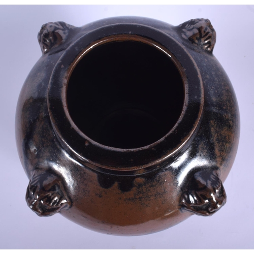 1596 - A CHINESE BROWN GLAZED STONE WARE JAR with mask head mounts. 24 cm x 16 cm.