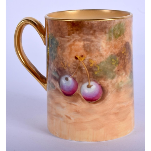 163 - Royal Worcester mug painted with fruit by Roberts, signed, black mark. 7cm high