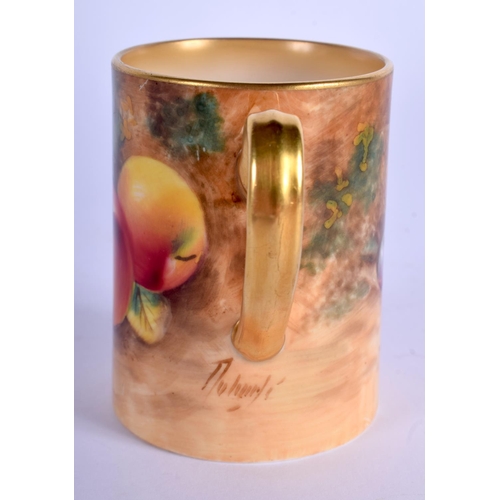 163 - Royal Worcester mug painted with fruit by Roberts, signed, black mark. 7cm high