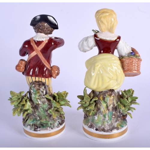 166 - Late 19th c.\Early 20th c. Derby figures of a boy and girl he sniffing a flower, she with a basket o... 