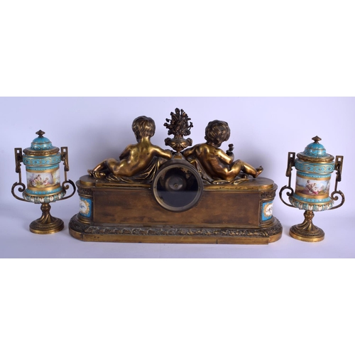 1753 - A FINE 19TH CENTURY FRENCH SEVRES PORCELAIN AND BRONZE CLOCK GARNITURE the mantel formed with two bo... 