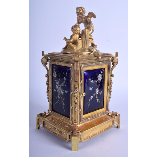 1755 - A MID 19TH CENTURY FRENCH ORMOLU LIMOGES ENAMEL MANTEL CLOCK painted with putti and foliage. 30 cm h... 