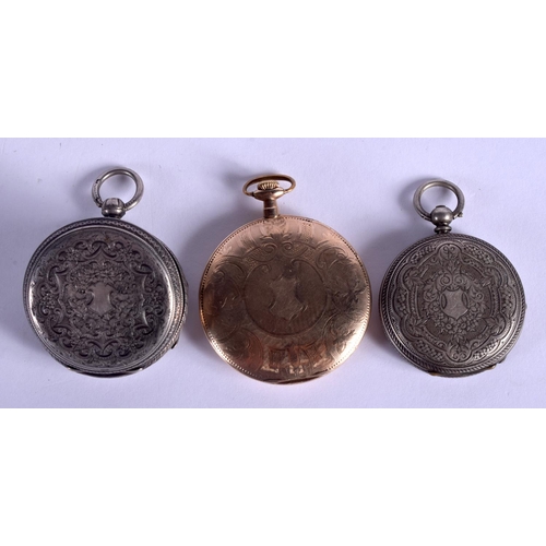 1760 - AN ANTIQUE YELLOW METAL WALTHAM WATCH together with two silver fob watches. (3)