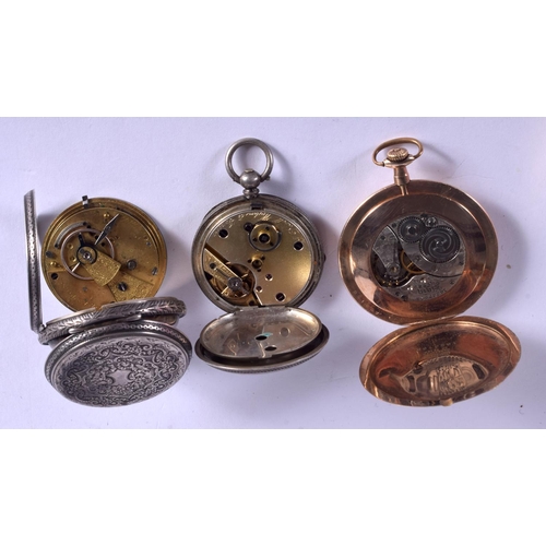 1760 - AN ANTIQUE YELLOW METAL WALTHAM WATCH together with two silver fob watches. (3)