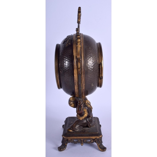 1761 - A 19TH CENTURY FRANCO JAPANESE MIYAO STYLE BRONZE CLOCK Manoah Rhodes & Sons, modelled with a boy ho... 