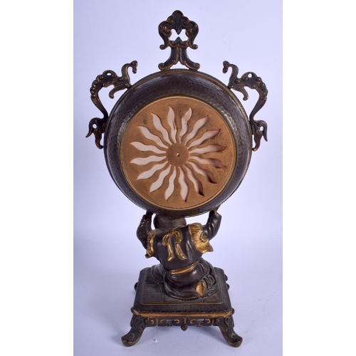 1761 - A 19TH CENTURY FRANCO JAPANESE MIYAO STYLE BRONZE CLOCK Manoah Rhodes & Sons, modelled with a boy ho... 