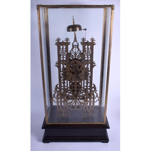 1764 - A VERY LARGE CONTEMPORARY BRASS SKELETON CLOCK enamelled with moon phase. 65 cm x 30 cm.